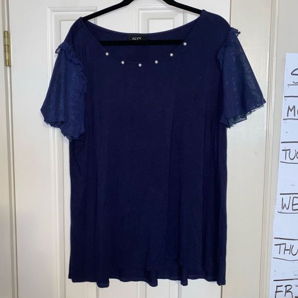 Alyx Navy Blue Lace Short Sleeve Shirt Pearl Embroidered Blouse Size 2XL, XXL - Picture 1 of 9